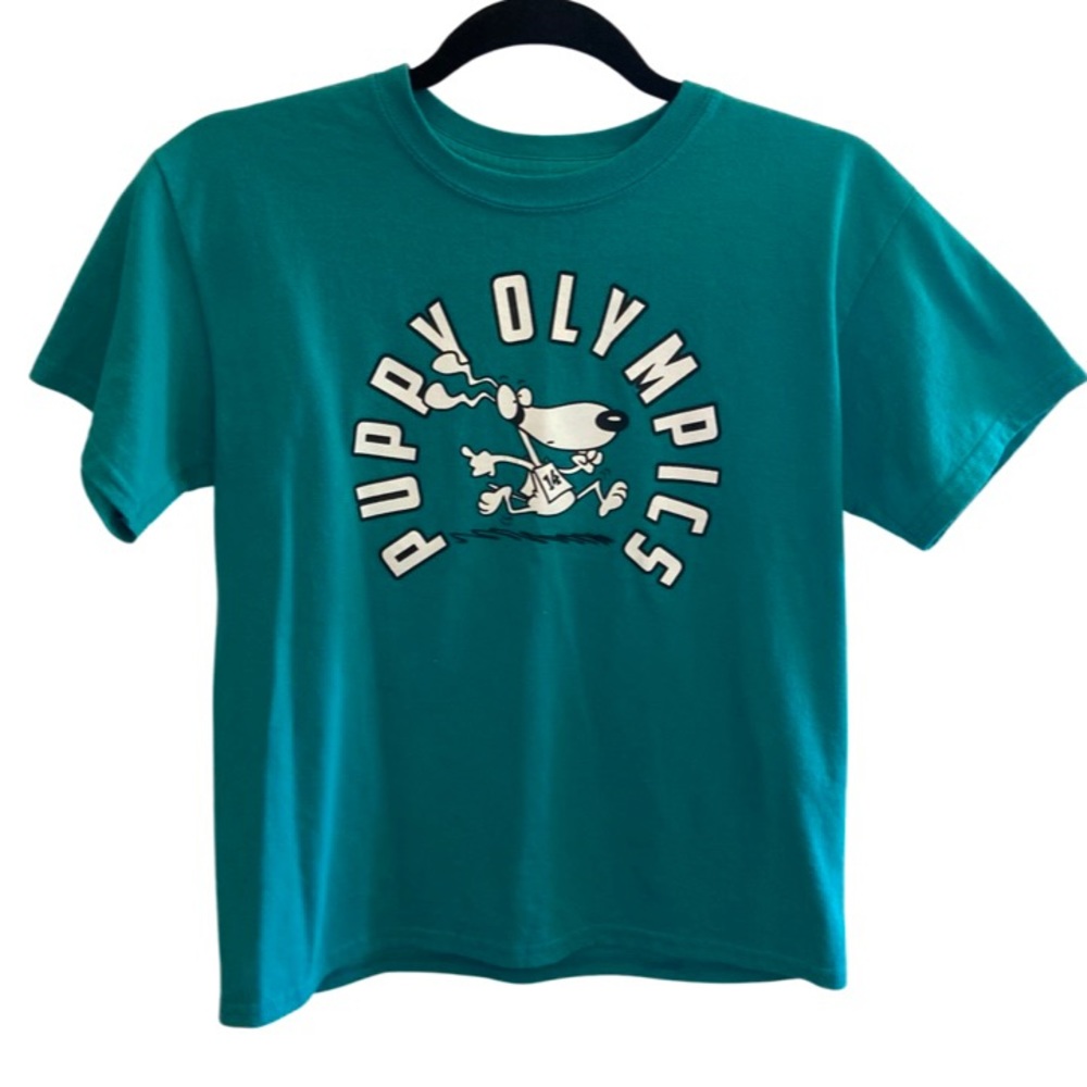 Gildan Puppy Olympics Teal Blue Graphic Tee Shirt - Junior’s 14/16 or Women’s S